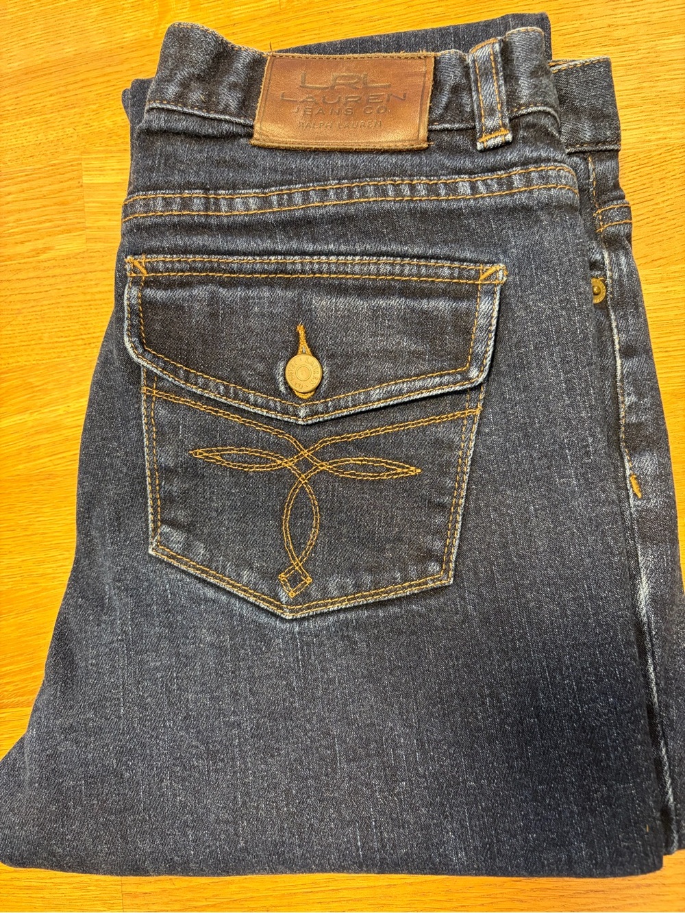 Lauren Ralph Lauren Women's Straight Leg Dark Blue Jeans with Gold Stitching